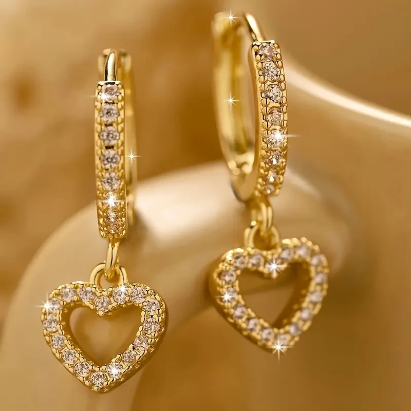 18K Golden Plated Copper Hoop Earrings with Heart Drop Pendant – Synthetic 3A Zirconia, Simple Sexy Style, Ideal for Daily Wear & Gift-Giving