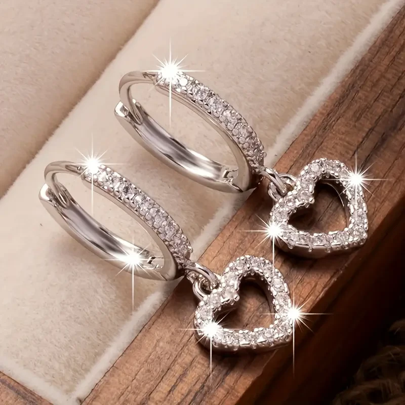 18K Golden Plated Copper Hoop Earrings with Heart Drop Pendant – Synthetic 3A Zirconia, Simple Sexy Style, Ideal for Daily Wear & Gift-Giving