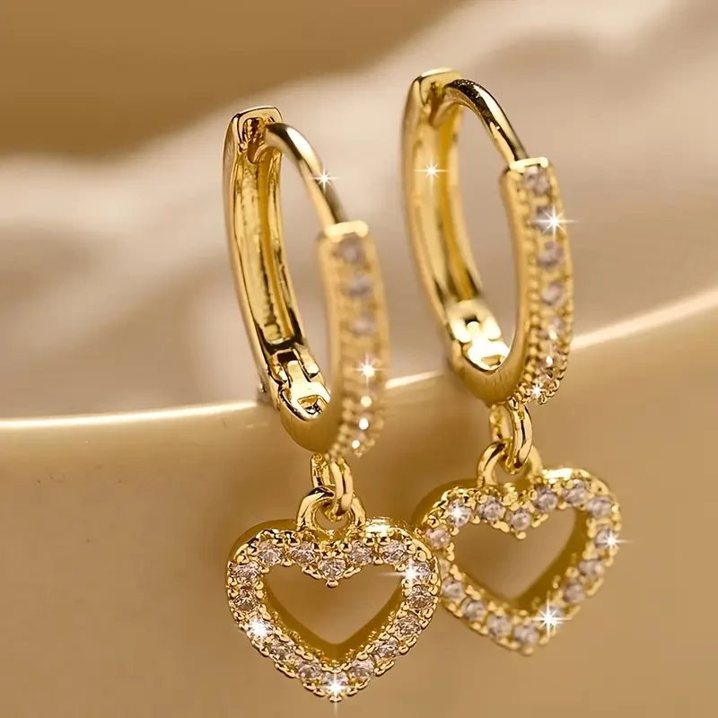 18K Golden Plated Copper Hoop Earrings with Heart Drop Pendant – Synthetic 3A Zirconia, Simple Sexy Style, Ideal for Daily Wear & Gift-Giving
