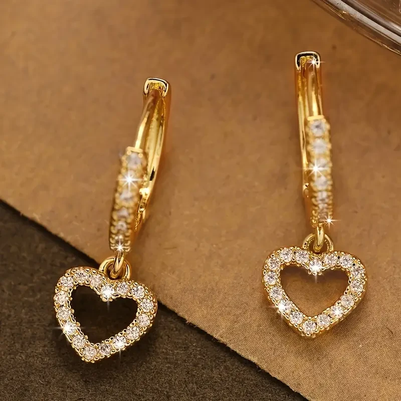 18K Golden Plated Copper Hoop Earrings with Heart Drop Pendant – Synthetic 3A Zirconia, Simple Sexy Style, Ideal for Daily Wear & Gift-Giving