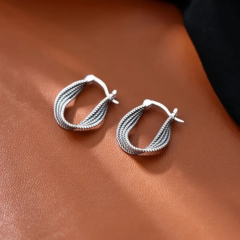 1 Pair Vintage Tribal Twisted Hoop Earrings – 925 Sterling Silver Ear Needle, Copper Main Material, All-Season Daily & Party Accessory, Suitable for Campus Events