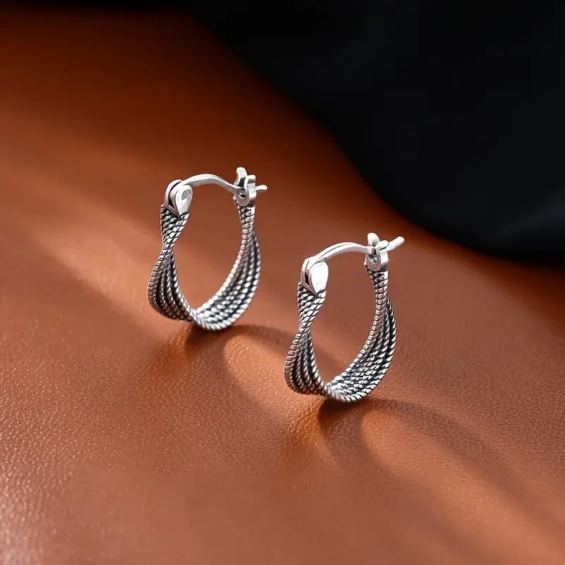 1 Pair Vintage Tribal Twisted Hoop Earrings – 925 Sterling Silver Ear Needle, Copper Main Material, All-Season Daily & Party Accessory, Suitable for Campus Events