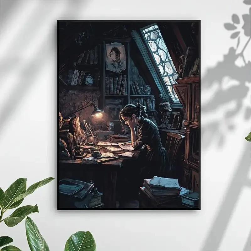 1pc Unique Creative Poster of a Girl Reading Under an Antique Study Lamp – A Captivating Wall Art Print for Thoughtful Spaces