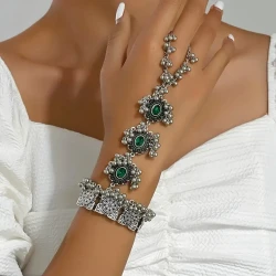 1pc Vintage Multicolor Turquoise Gemstone Bracelet & Ring Set – Distressed Boho Jewelry for Unique, Earthy Style