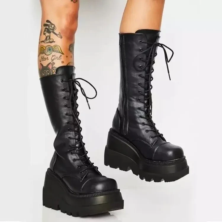 Lace Up Wedge Boots Knee High