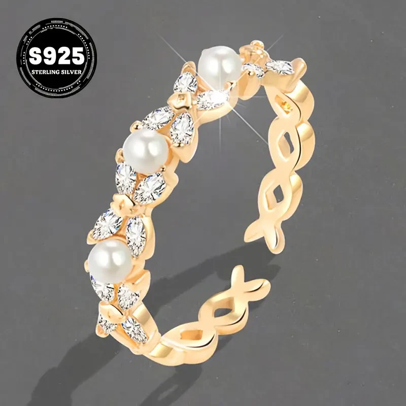 Elegant 925 Sterling Silver Open Ring with Cubic Zirconia and Imitation Pearl – Grace in Every Gesture