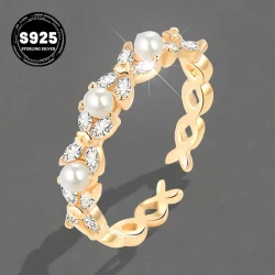 Elegant 925 Sterling Silver Open Ring with Cubic Zirconia and Imitation Pearl – Grace in Every Gesture