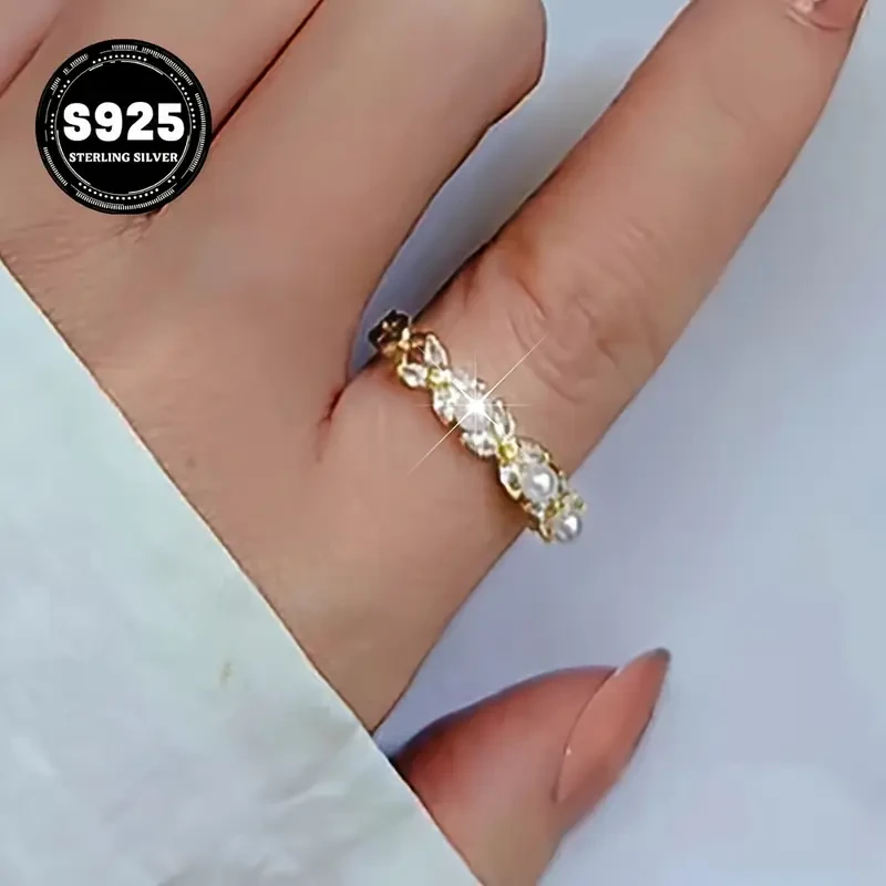 Elegant 925 Sterling Silver Open Ring with Cubic Zirconia and Imitation Pearl – Grace in Every Gesture