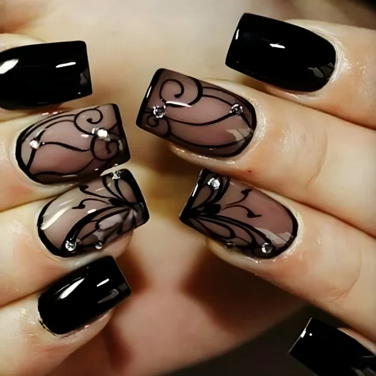 Black Stiletto Nails With Diamonds