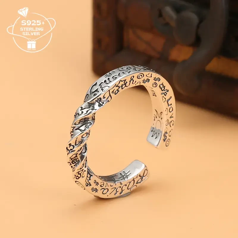 925 Silver Vintage Adjustable Ring with Engraved Happy Face Design – Perfect for Daily Wear & Holiday Gift