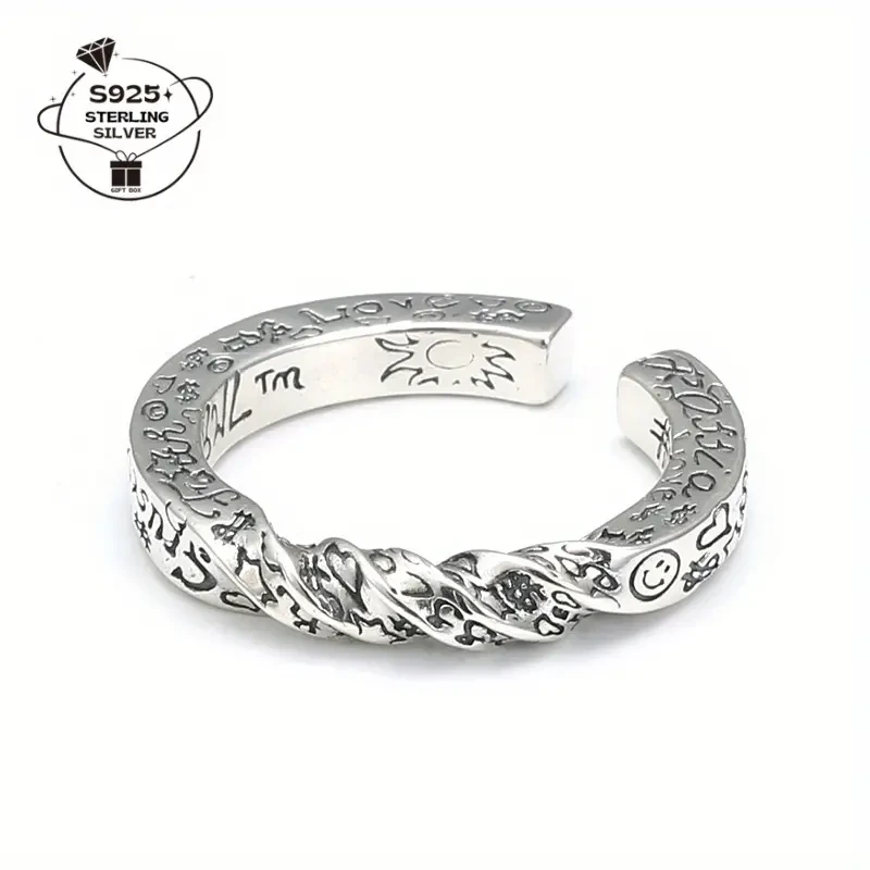 925 Silver Vintage Adjustable Ring with Engraved Happy Face Design – Perfect for Daily Wear & Holiday Gift