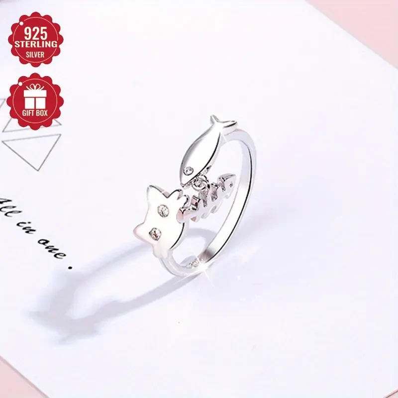 925 Sterling Silver Cute Cat Open Adjustable Ring – Light Luxury for Daily and Party Wear