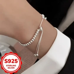 S925 Silver Simple and Versatile Silvery Round Bead Pulling Bracelet for Women – A Cool Style for Every Occasion
