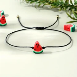 1PC Boho Style Polymer Clay Watermelon Friendship Bracelet for Women and Girls – No Plating, Handmade Soft Ceramic Bead, Adjustable Cord – Perfect for Beach Vacation, Daily Wear & Lucky Gift