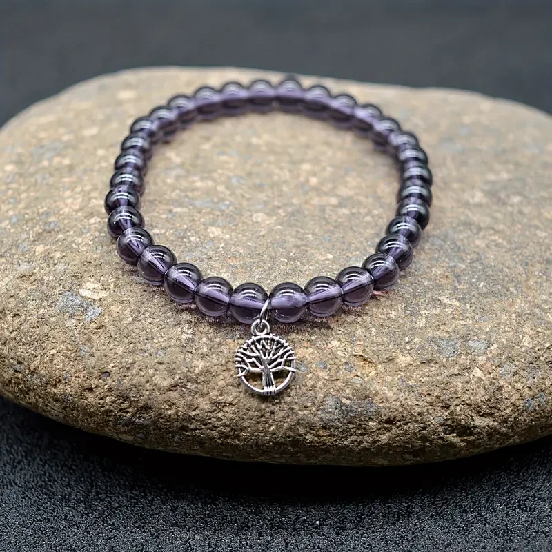 Bohemian Style Purple Beaded Bracelet with Tree of Life Charm – Fashion Accessory, Perfect for Holiday Gifts