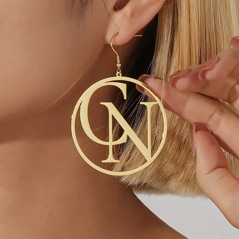 Customizable Women’s Fashion Dangle Earrings with Personalized Monogram Design - 304L Stainless Steel, 18K Golden Plated