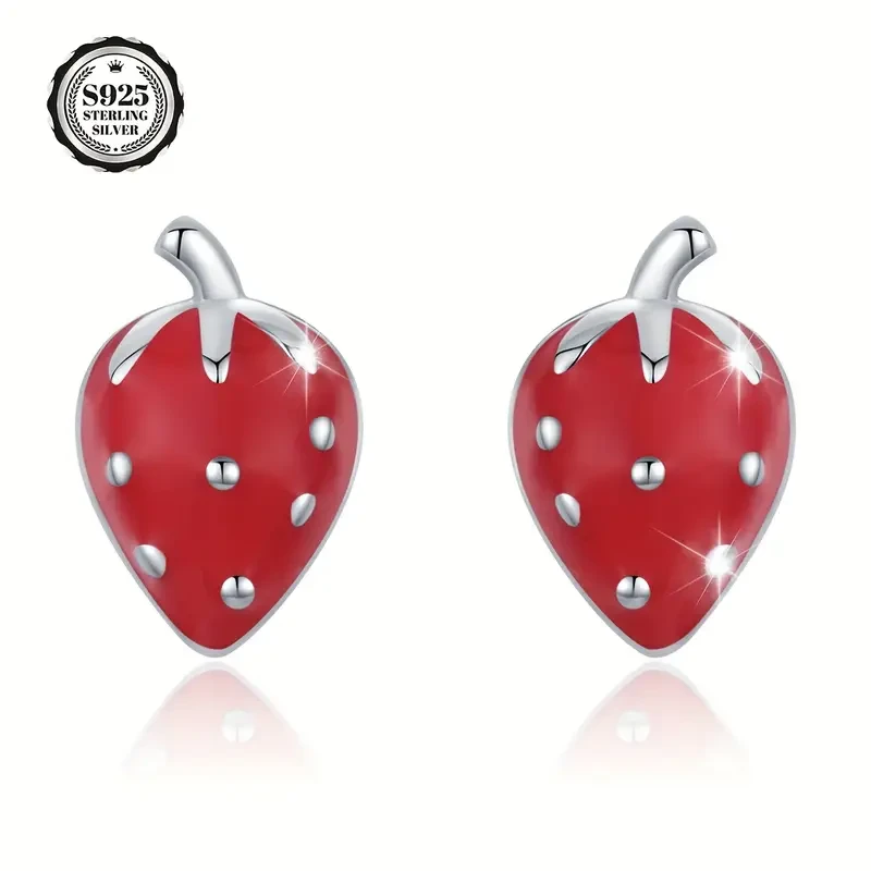 2pcs Women’s Fashion Earrings S925 Silver Cute Strawberry Studs – Sweet and Elegant Women’s Earrings