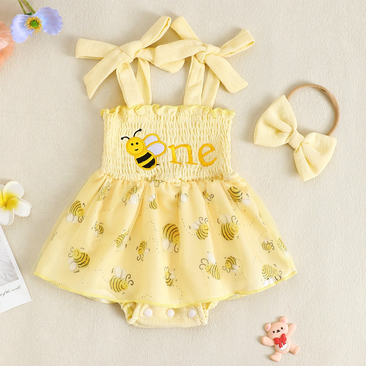 Baby Girl Smocking Embroidery Mesh Spaghetti-strap Dress