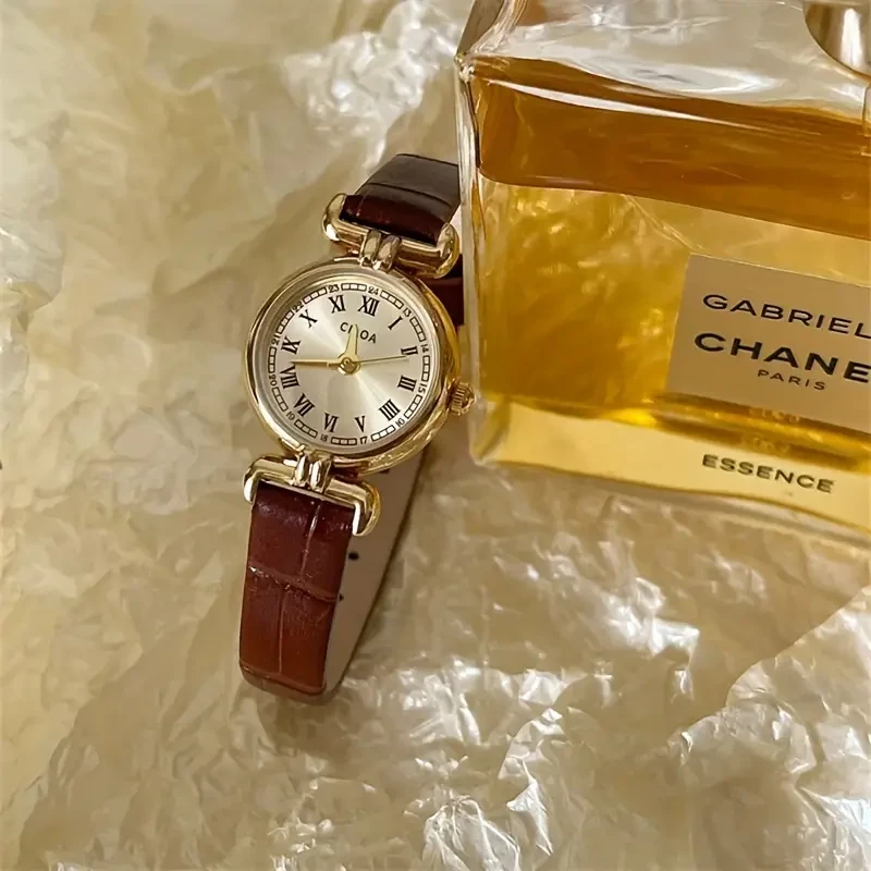 NASIR Vintage-Inspired Women’s Quartz Watch with Brown Calfskin Strap & Golden-Tone Stainless Steel Case - Elegant Analog Display for Casual Attire, Stylish Retro Design, Watch Accessories