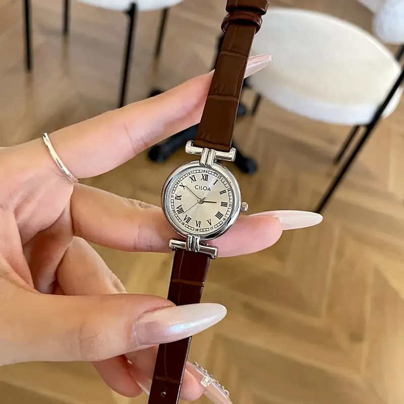 NASIR Vintage-Inspired Women’s Quartz Watch with Brown Calfskin Strap & Golden-Tone Stainless Steel Case - Elegant Analog Display for Casual Attire, Stylish Retro Design, Watch Accessories