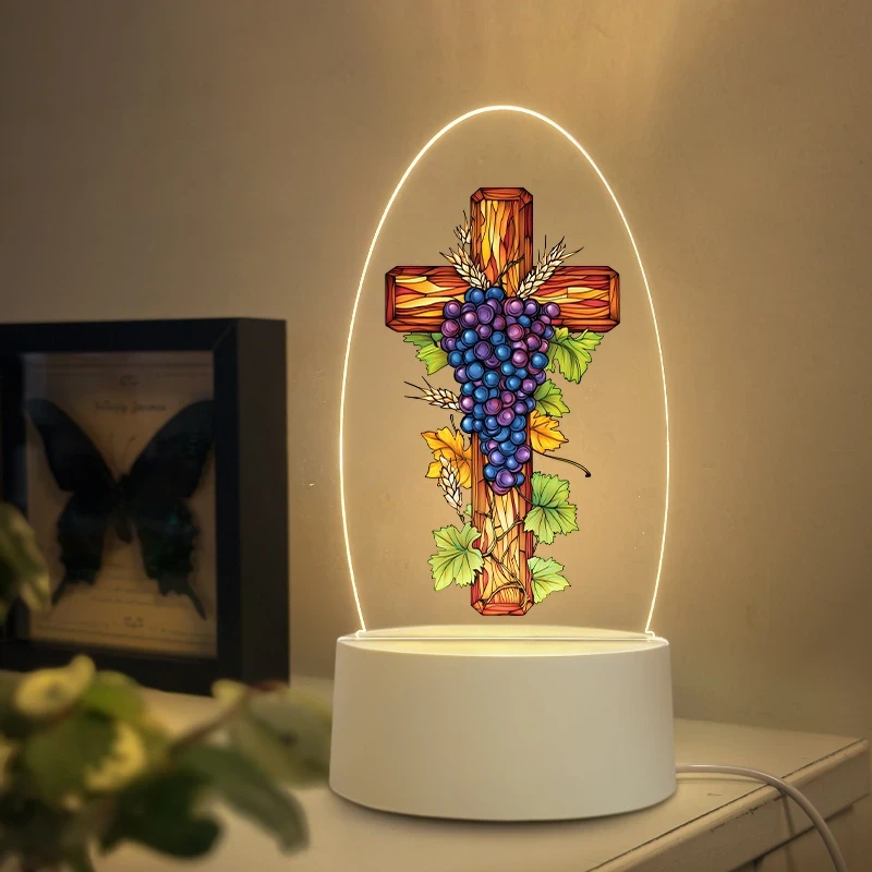 1pc Cross with Grapes and Wheat Christian Themed Home Decoration Night Light – USB-Powered Stained Glass Style Night Light for Prayer, Meditation, and Family Worship