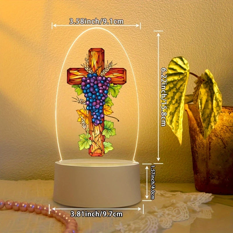1pc Cross with Grapes and Wheat Christian Themed Home Decoration Night Light – USB-Powered Stained Glass Style Night Light for Prayer, Meditation, and Family Worship