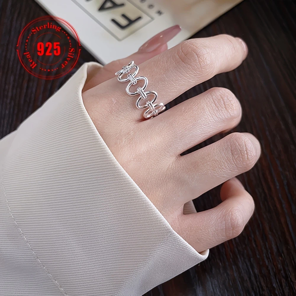 1pc Women's Adjustable 925 Sterling Silver Open Ring – Minimalist Interlocking Circular Cuff Bracelet for Daily Wear & Parties, Versatile for Finger & Wrist, Elegant Design, Durable Jewelry