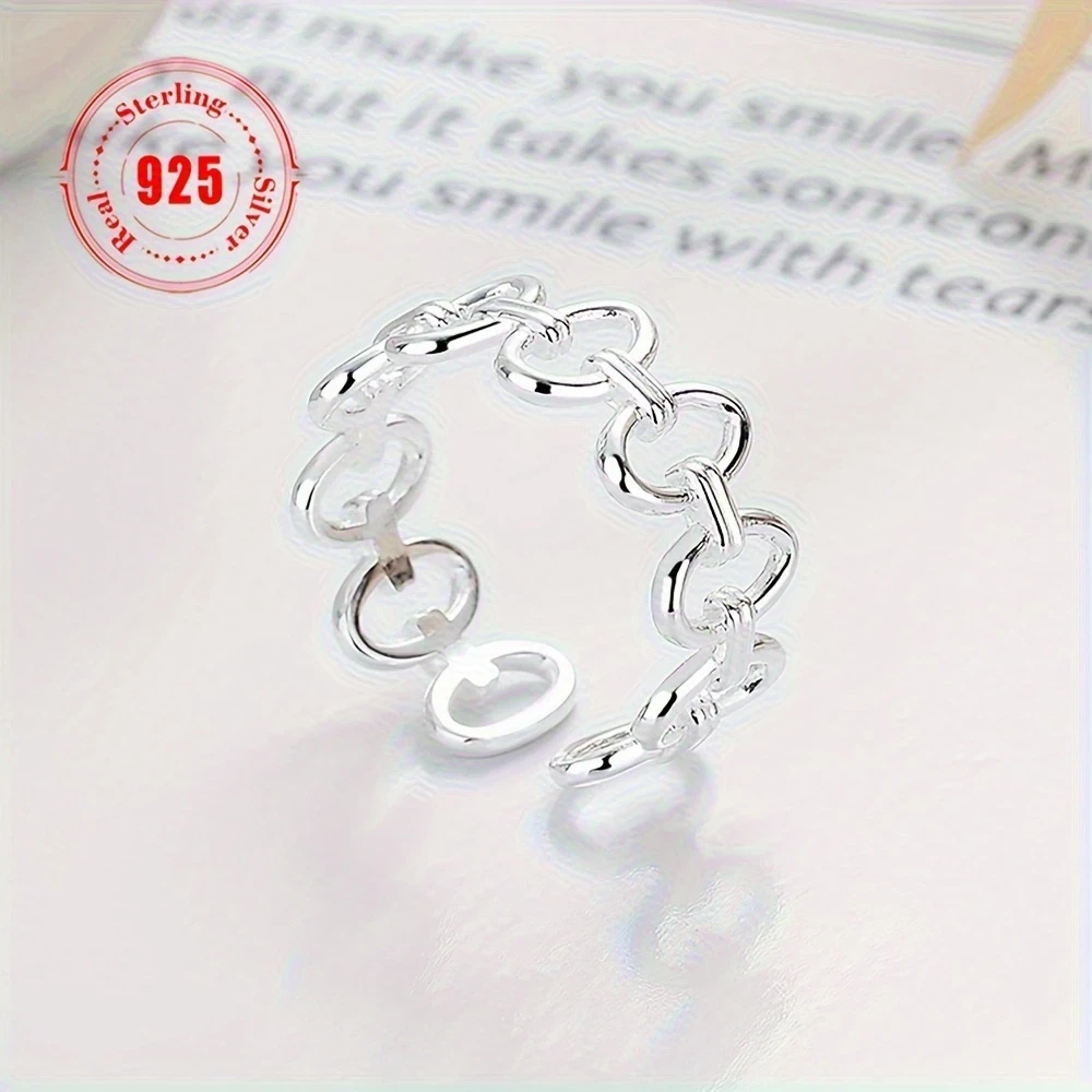 1pc Women's Adjustable 925 Sterling Silver Open Ring – Minimalist Interlocking Circular Cuff Bracelet for Daily Wear & Parties, Versatile for Finger & Wrist, Elegant Design, Durable Jewelry