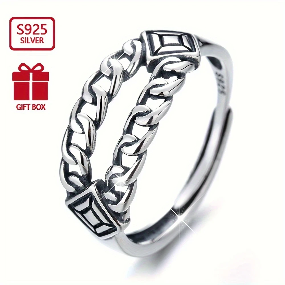 1pc Vintage-Inspired 925 Sterling Silver Adjustable Open Ring for Women – Geometric Chain Design, Hip Hop & Casual Attire Accessory, Party Jewelry, Durable Adjustable Ring