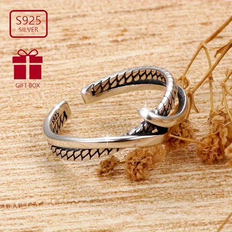 "925 Silver Adjustable Open Ring for Women – Vintage-Inspired Minimalist Design, Versatile & Stylish Accessory for Christmas Parties, New Year’s Eve, Music Festivals, and Casual Attire, Durable Zirconia Accents
