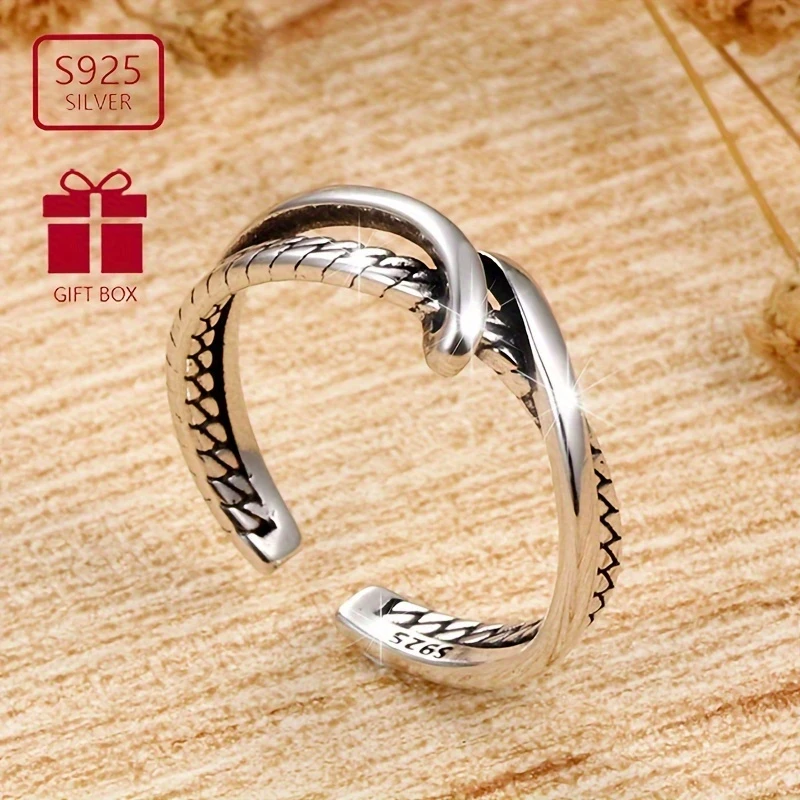 "925 Silver Adjustable Open Ring for Women – Vintage-Inspired Minimalist Design, Versatile & Stylish Accessory for Christmas Parties, New Year’s Eve, Music Festivals, and Casual Attire, Durable Zirconia Accents