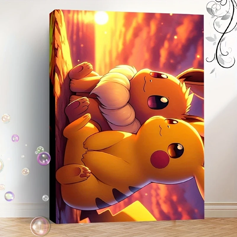 30x45cm/12x18 Inches Framed Canvas Art Print – Pikachu and Eevee Sunset Scene