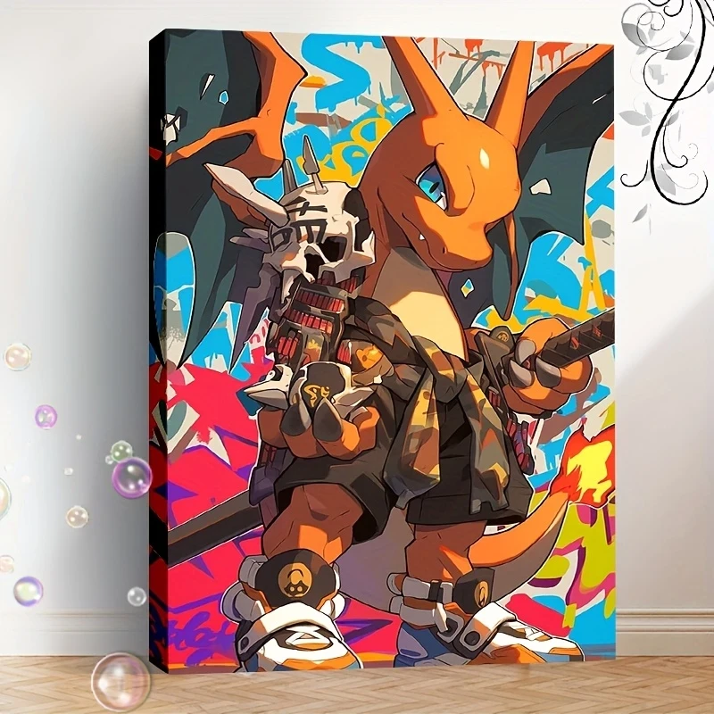 1pc Anime Fire-Breathing Dragon Canvas Wall Art – Graffiti-Style Framed Poster with Skull & Sword Design