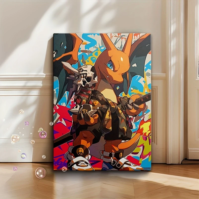 1pc Anime Fire-Breathing Dragon Canvas Wall Art – Graffiti-Style Framed Poster with Skull & Sword Design