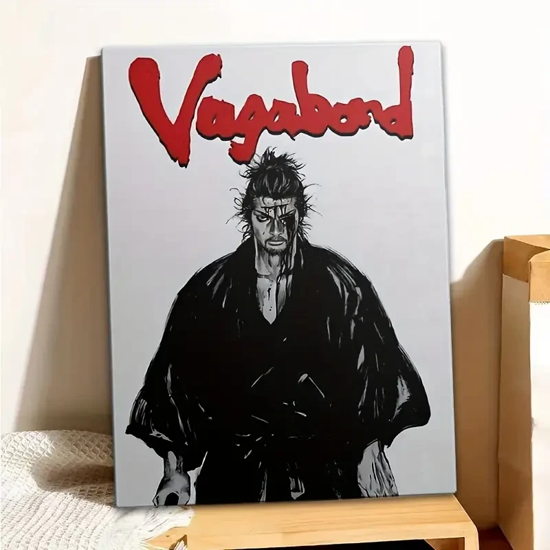 1pc Vagabond Samurai Warrior Anime Framed Canvas Art Print – Stylish Black & White Design with Red Accents