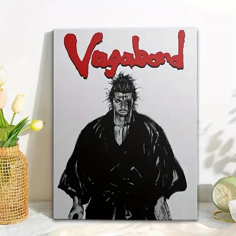 1pc Vagabond Samurai Warrior Anime Framed Canvas Art Print – Stylish Black & White Design with Red Accents