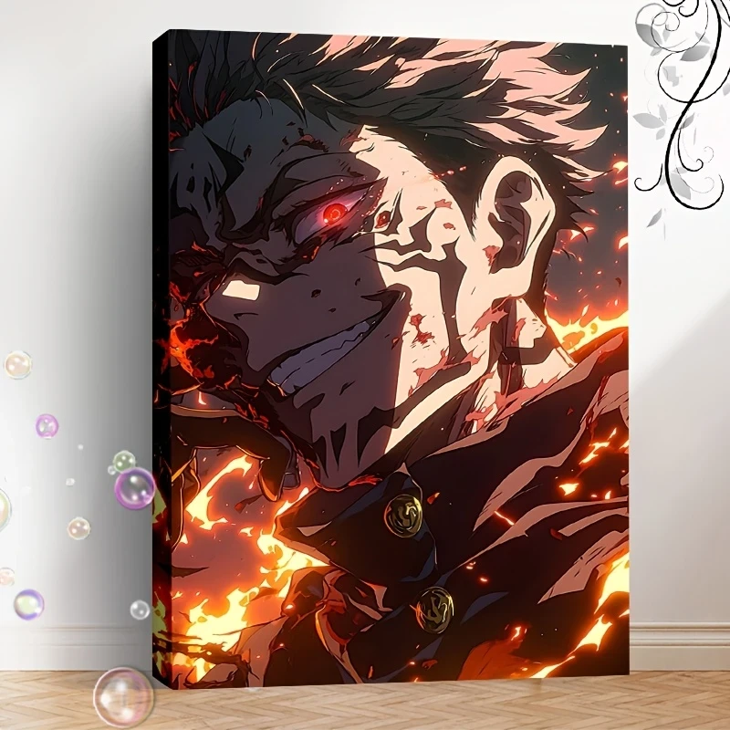 1pc Framed Anime Curse Warlock Canvas Wall Art – Vibrant Flame & Red Eye Character Print