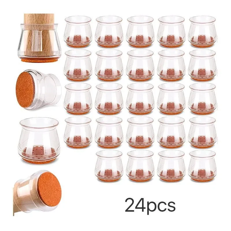 24pcs Transparent Silicone Chair Leg Covers with Felt Pads