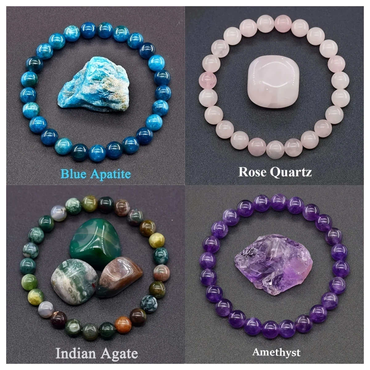 4pcs Natural Stone Bracelet Set – Elegant Bohemian Blue Apatite, Amethyst, Rose Quartz, and Indian Agate Bracelet Collection
