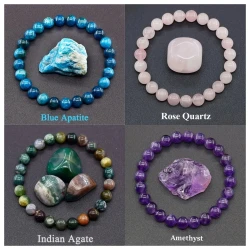 4pcs Natural Stone Bracelet Set – Elegant Bohemian Blue Apatite, Amethyst, Rose Quartz, and Indian Agate Bracelet Collection