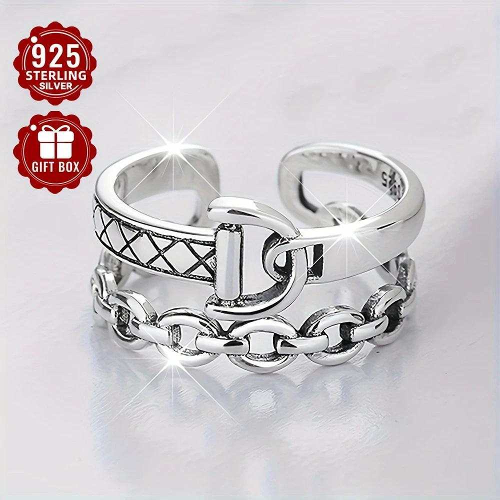 925 Sterling Silver Women's Fashion Ring – Hip Hop Punk Style Double Layer D-Shaped Open Ring
