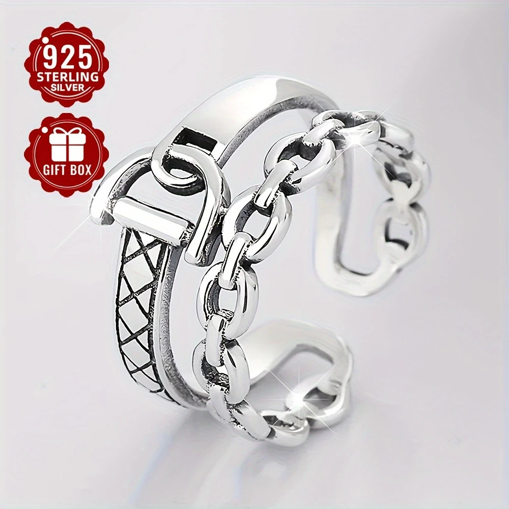 925 Sterling Silver Women's Fashion Ring – Hip Hop Punk Style Double Layer D-Shaped Open Ring