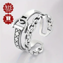 925 Sterling Silver Women's Fashion Ring – Hip Hop Punk Style Double Layer D-Shaped Open Ring