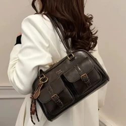Women's Coffee Brown Multi-Pocket Shoulder Bag with Golden-Tone Hardware & Letter Embellishments – Stylish Versatile Crossbody Purse for Travel, Work, Shopping, Dates, Work Handbag