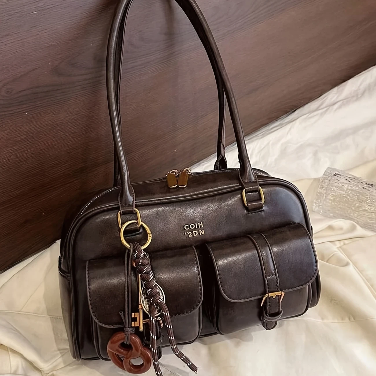 Women's Coffee Brown Multi-Pocket Shoulder Bag with Golden-Tone Hardware & Letter Embellishments – Stylish Versatile Crossbody Purse for Travel, Work, Shopping, Dates, Work Handbag