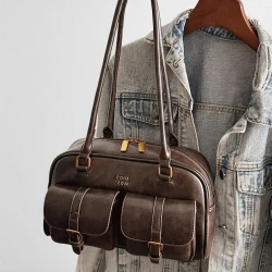 Women's Coffee Brown Multi-Pocket Shoulder Bag with Golden-Tone Hardware & Letter Embellishments – Stylish Versatile Crossbody Purse for Travel, Work, Shopping, Dates, Work Handbag