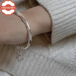 Luxury Boho Style 925 Sterling Silver Bangle – 18K Golden Plated with Floral & Butterfly Charm