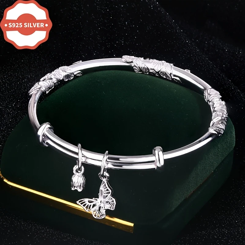 Luxury Boho Style 925 Sterling Silver Bangle – 18K Golden Plated with Floral & Butterfly Charm