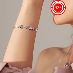 925 Sterling Silver Pink Flower Bracelet – Elegant Floral Design with Pink Crystals