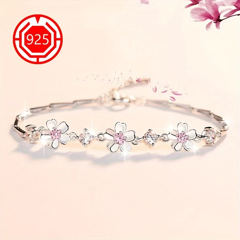 925 Sterling Silver Pink Flower Bracelet – Elegant Floral Design with Pink Crystals